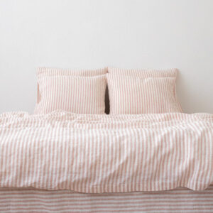 Lyserødt sengesæt i hør, forvasket, Ticking Stripe
